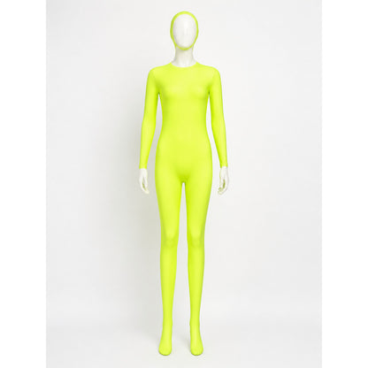 Fluorescent Yellow Zentai Bodysuit Costume, Full Body Hooded Jumpsuit with Face on-model view