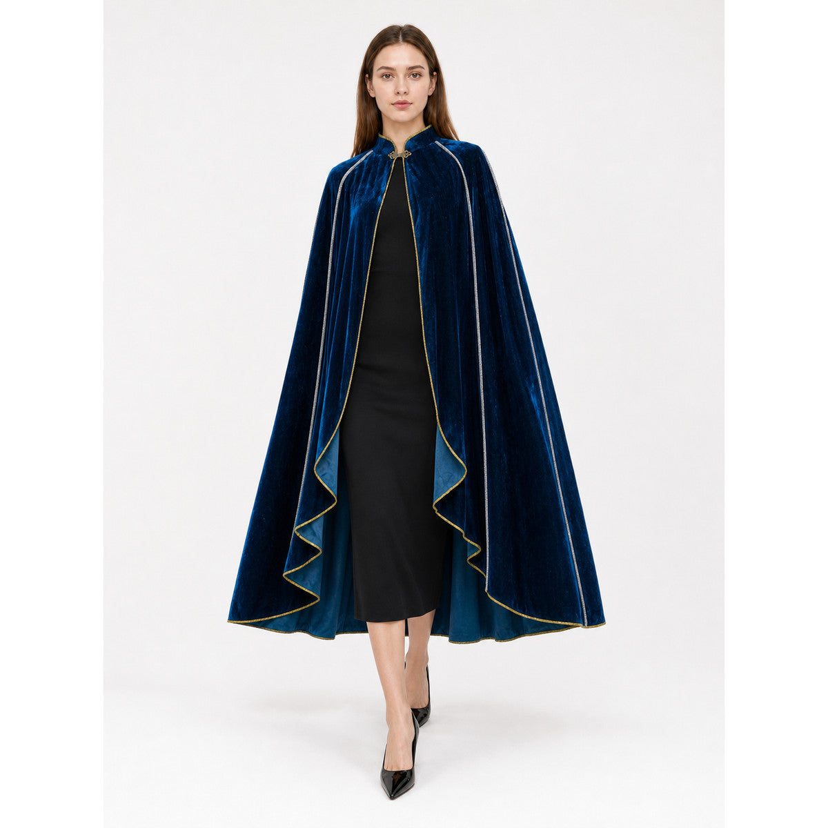 Dark Blue Hooded Costume Cape front view