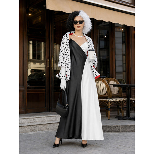 Women's Cruella cosplay costume with cape and gloves on-model view