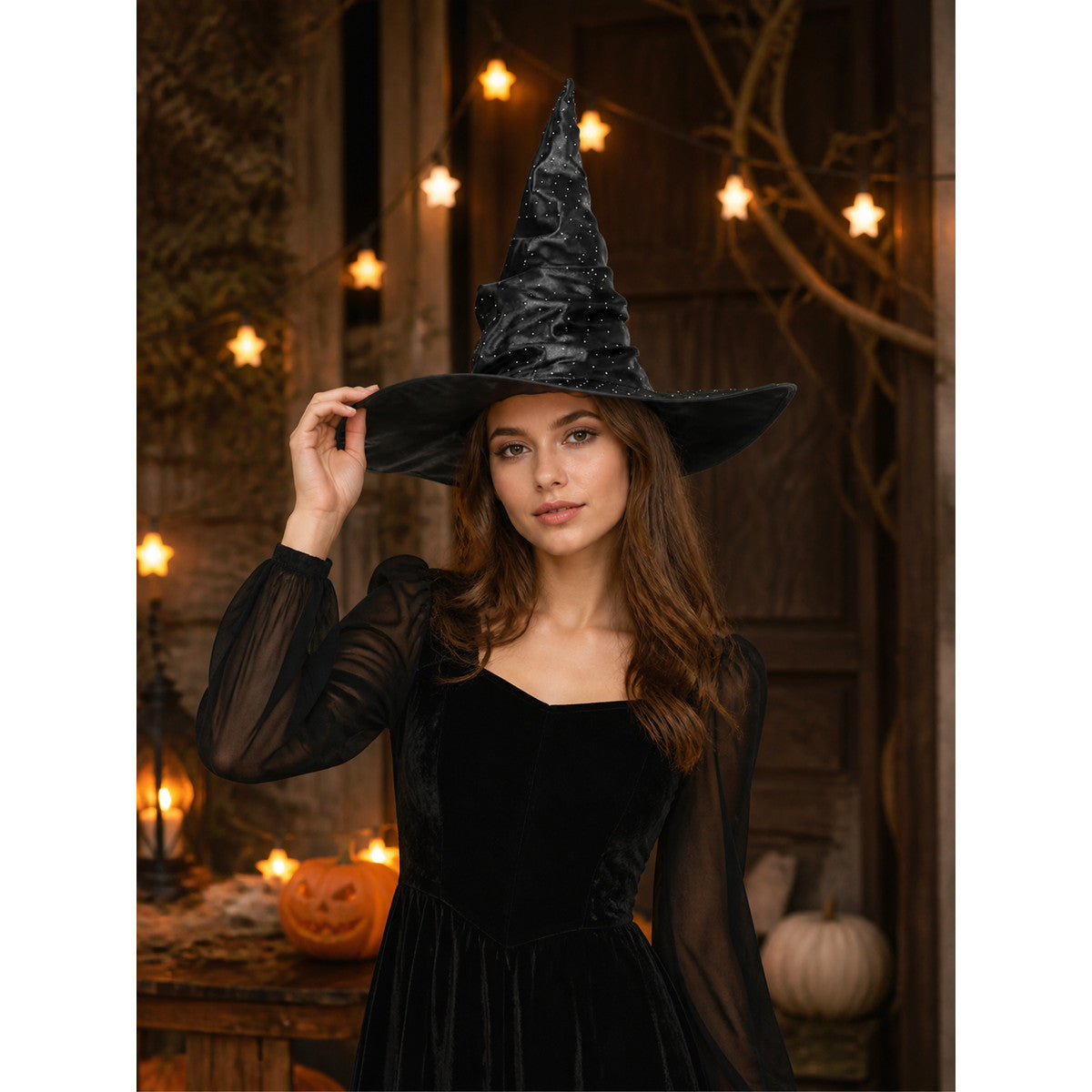 Black Carnival Witch Hat with Silver Decorations on-model view