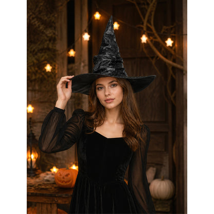 Black Carnival Witch Hat with Silver Decorations on-model view