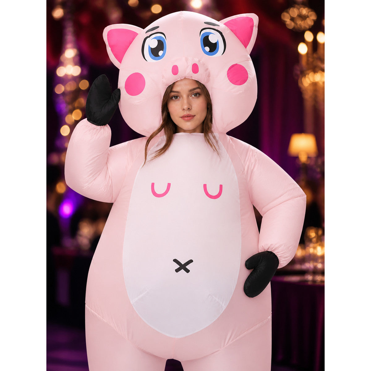 Kids Funny Pink Pig Costume Onesie with Hood, Gloves and Booties for Halloween on-model view