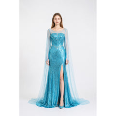 Blue Elsa Dress with Sequins and a Long Train