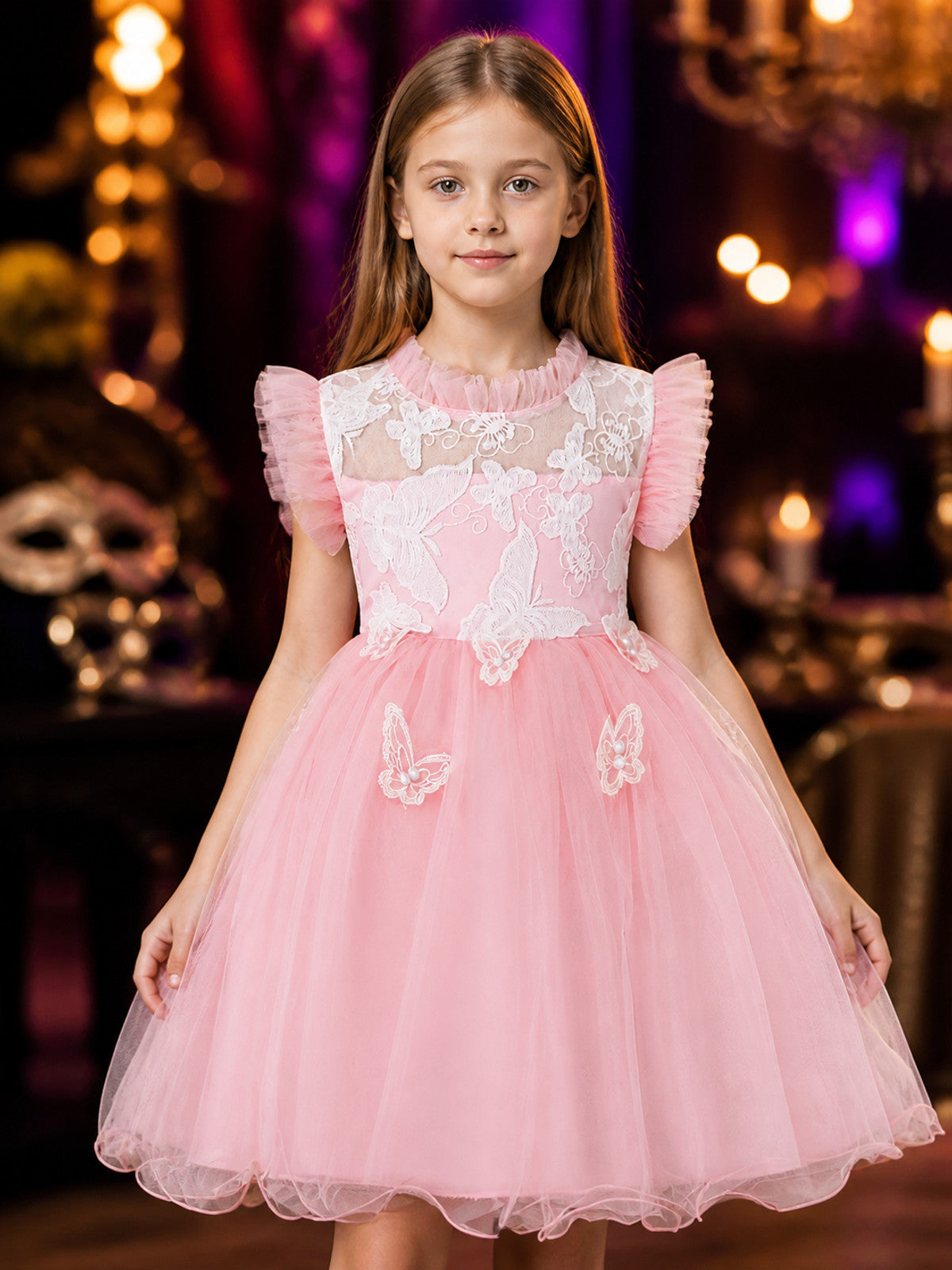 Baby Girls' Butterfly Embroidered Princess Dress, Layered Tulle Formal Gown on-model view