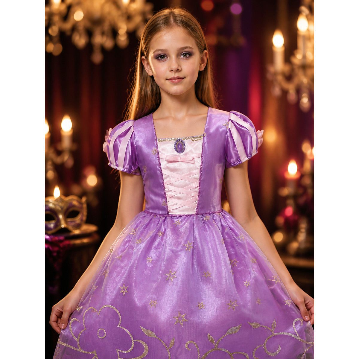 Girls Princess Puff Sleeve Tulle Dress Costume, Star and Floral Print, Halloween on-model view
