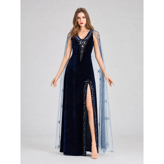 Vampire Costume with Long Dress and Cape front view