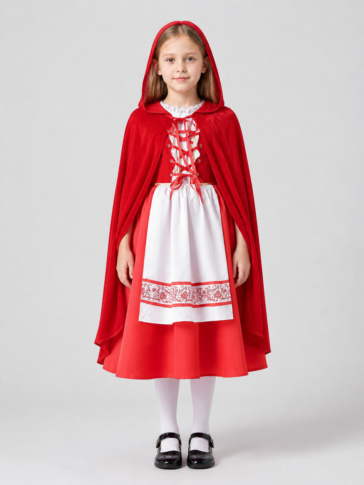 Children's Little Red Riding Hood Costume: Dress and Cape on-model view