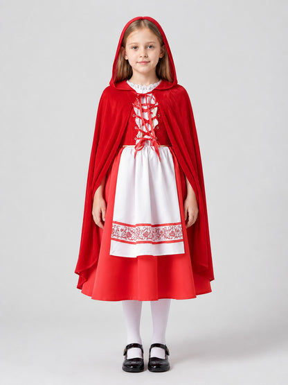 Children's Little Red Riding Hood Costume: Dress and Cape on-model view