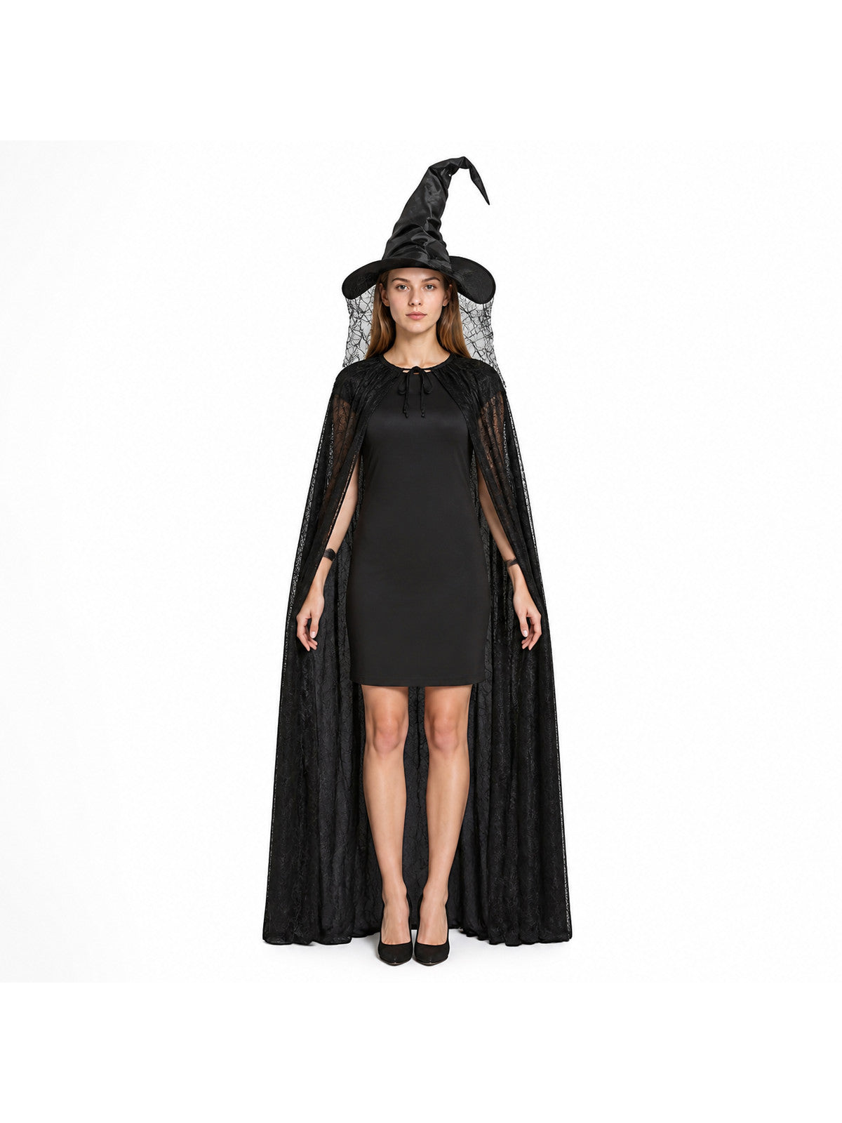 Halloween Witch Costume Set 2pcs Black Curved Pointed Hat and Long Cape