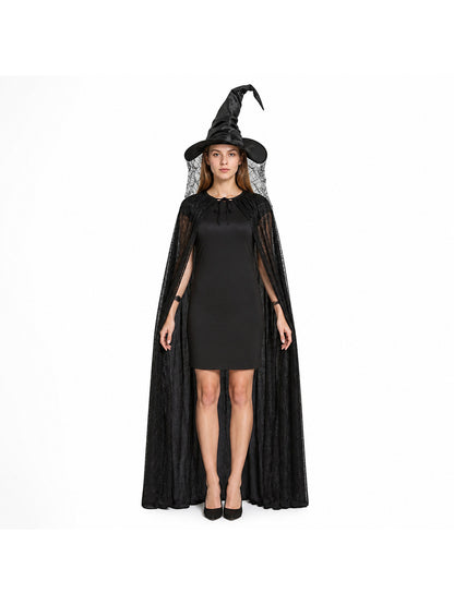 Halloween Witch Costume Set 2pcs Black Curved Pointed Hat and Long Cape