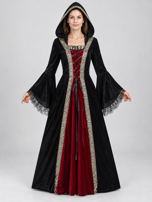 Witch Halloween Costume with Hood and Red Insert