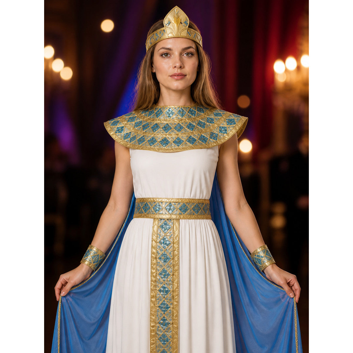 Cleopatra Costume with White Dress and Blue Cape on-model view