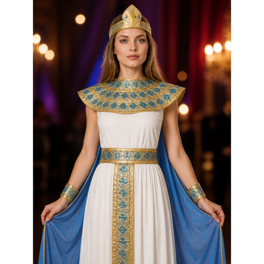 Women's Cleopatra Costume with white dress, blue capes and gold collar, front view