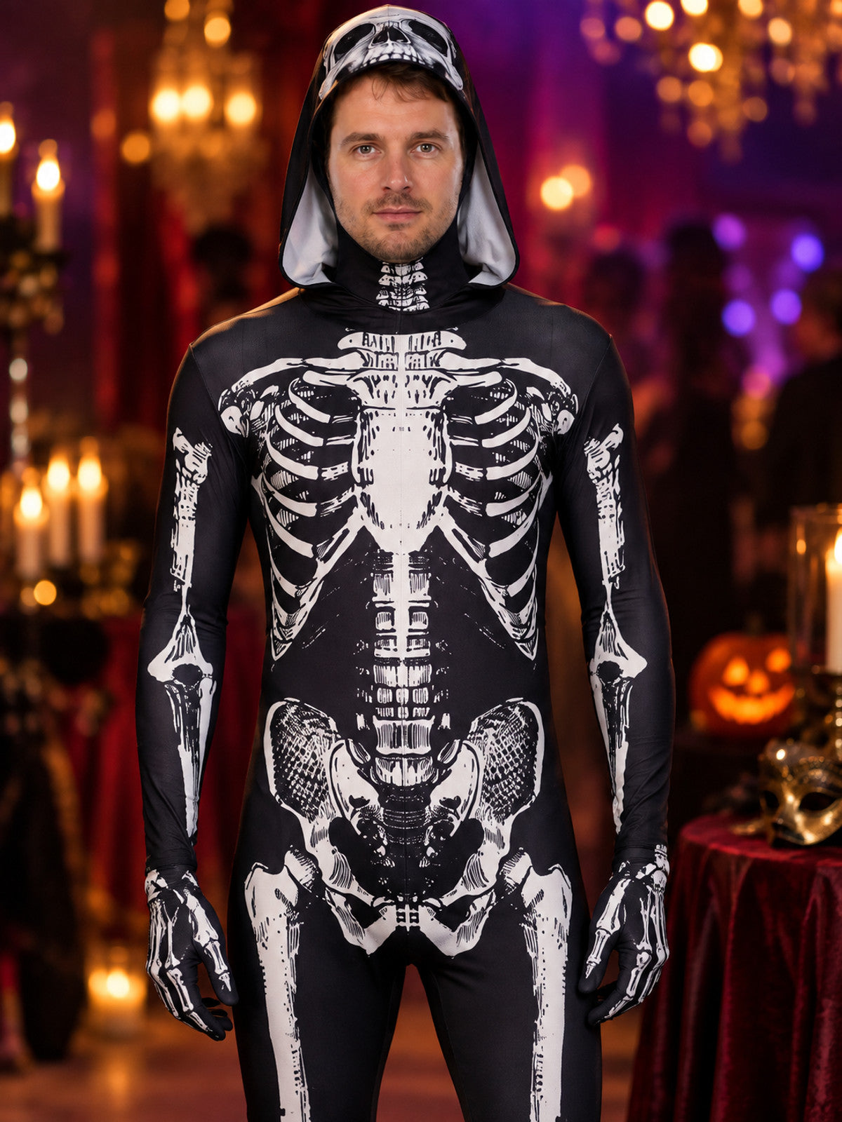 Black Skeleton Costume with Hood and Bone Print