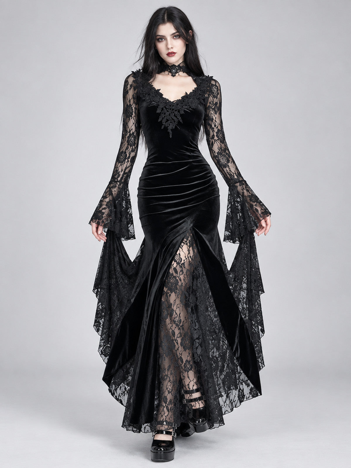 Black Gothic Dress with Lace and Deep Neckline