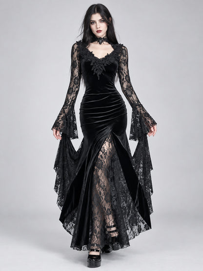 Black Gothic Dress with Lace and Deep Neckline