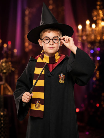 Gryffindor Wizard Costume with Hood and Accessories on-model view