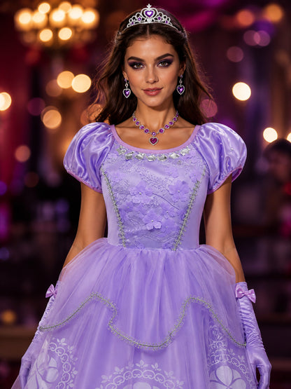 Girls Purple Princess Costume Set with Puff Sleeves, Tulle Skirt & Accessories on-model view