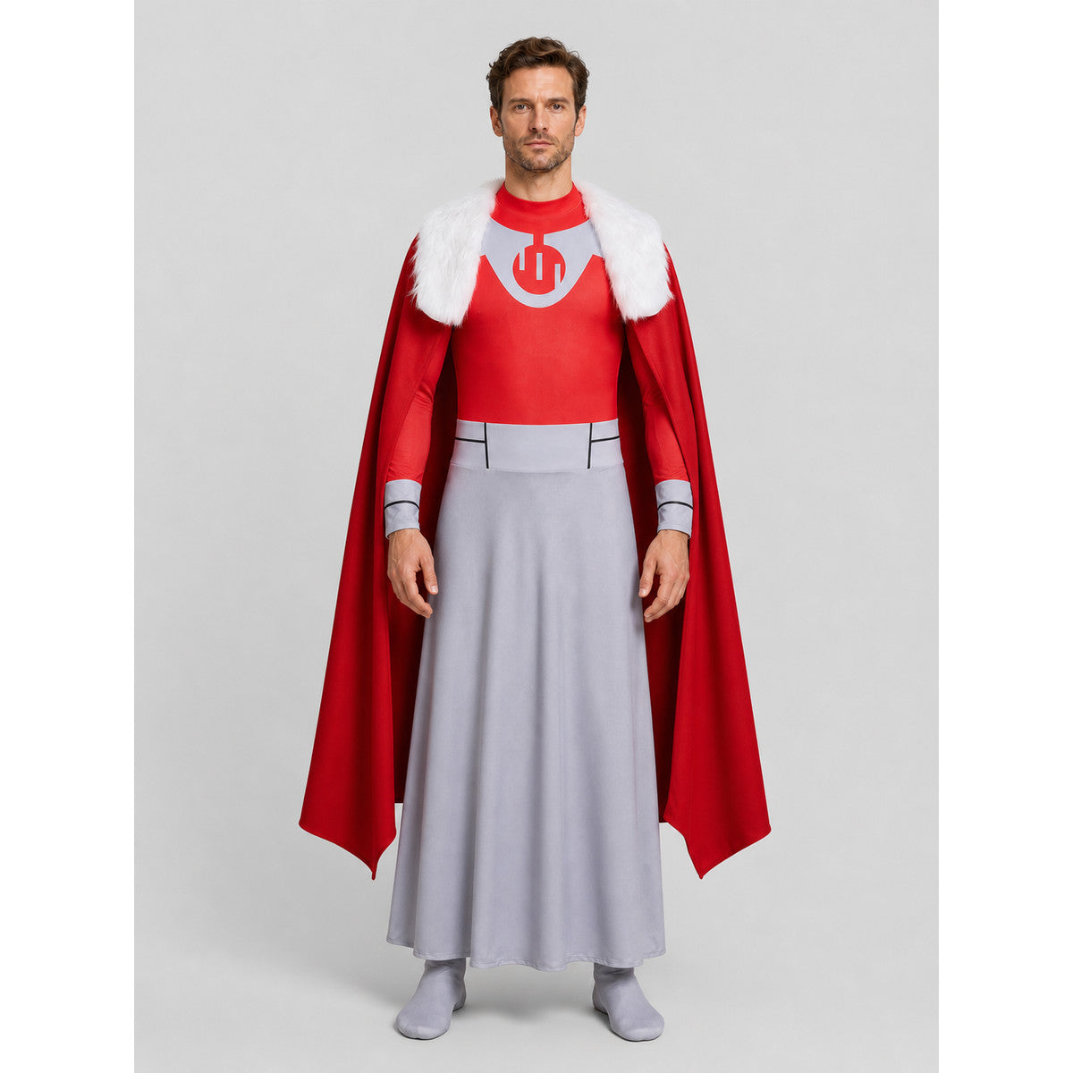 Thragg Cosplay Costume: Jumpsuit and Long Cape on-model view