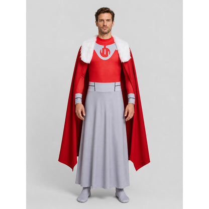 Thragg Cosplay Costume: Jumpsuit and Long Cape on-model view