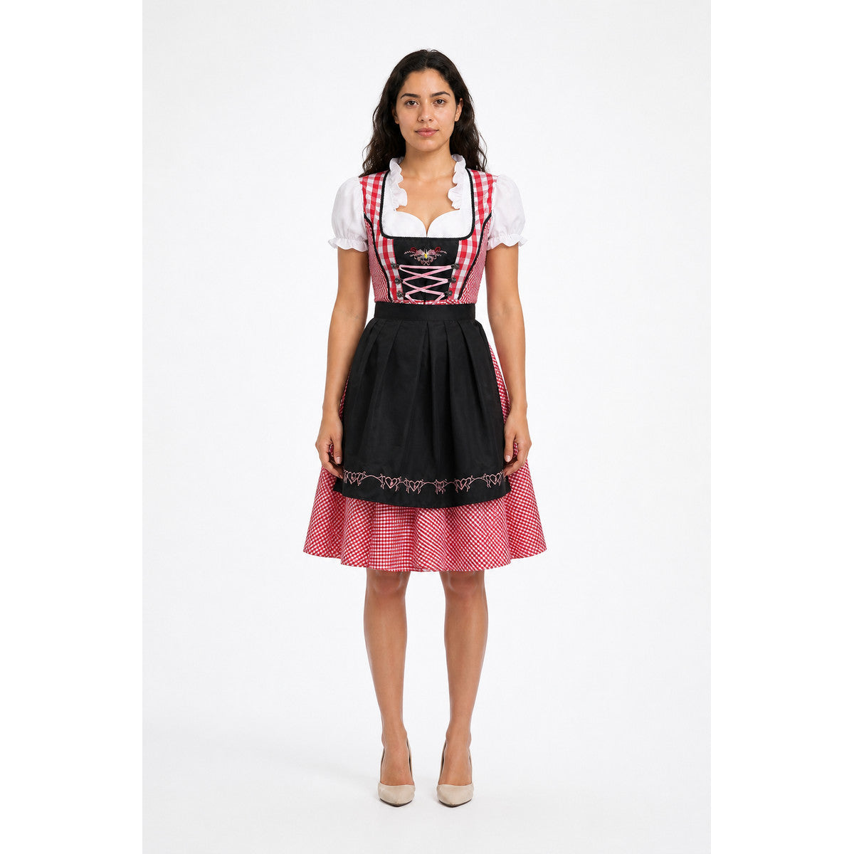 Dirndl with a Full Skirt and Red-and-White Checkered Apron main product view