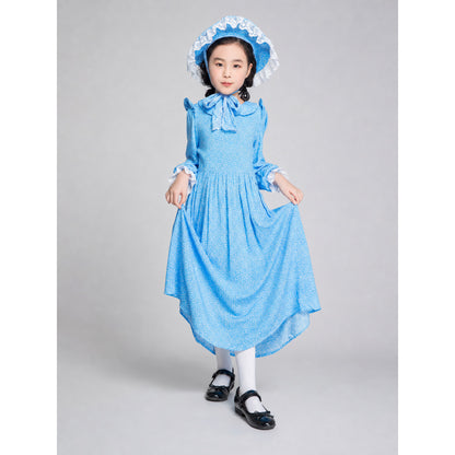 Blue Dress with White Ruffles and Bow, Long Sleeves