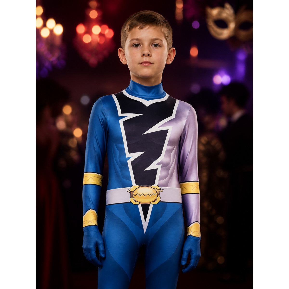 Geometric Color Block Hooded Bodysuit Costume with Lightning Print on-model view