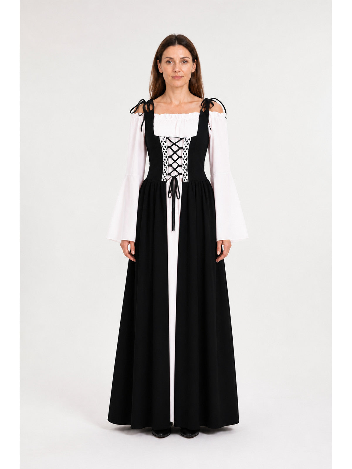 Vintage floor-length dress, black and white, with a full skirt main product view