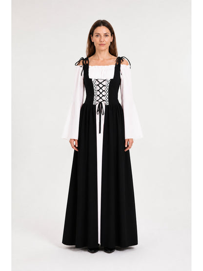 Vintage floor-length dress, black and white, with a full skirt main product view