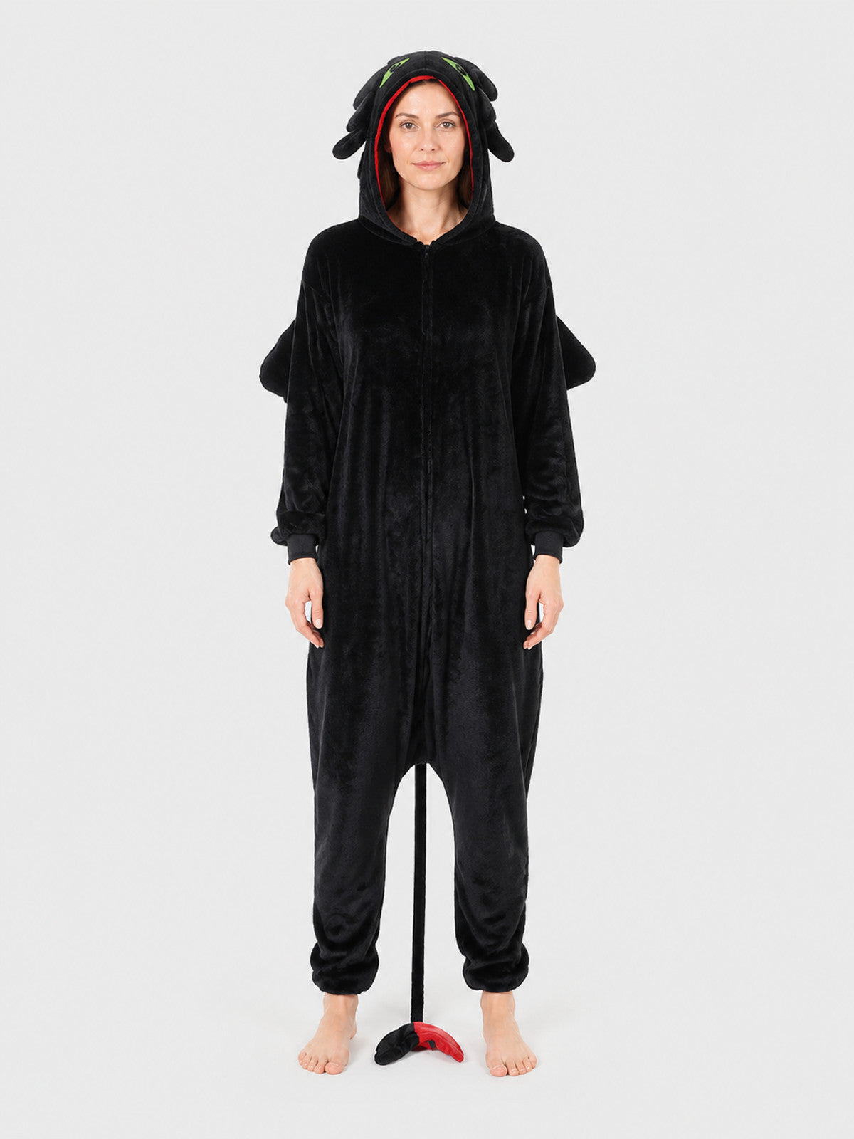 Black Flannel Kigurumi Pajama Jumpsuit with Hood on-model view