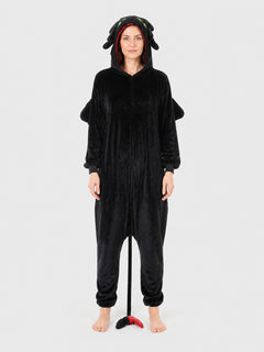 Black Dragon Flannel Kigurumi Onesie Pajama Jumpsuit with Hood & Tail