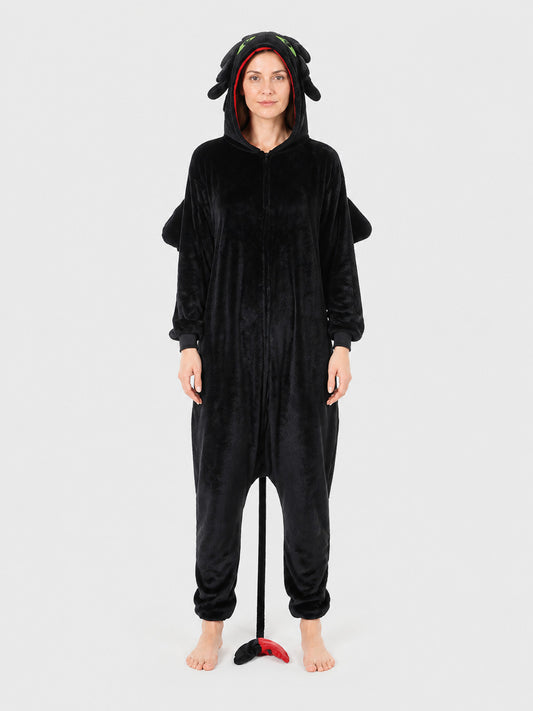 Black Flannel Kigurumi Pajama Jumpsuit with Hood on-model view
