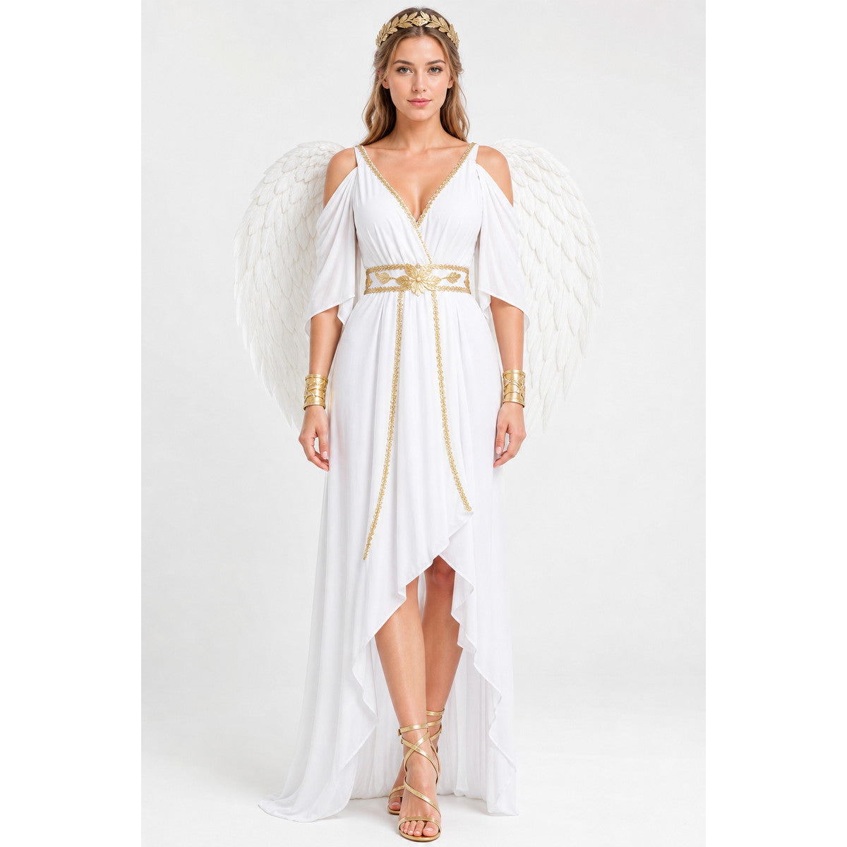 White Greek Goddess Costume with Wings and Tiara on-model view