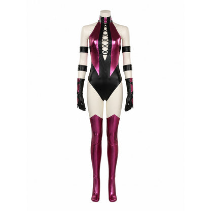 Women's Sexy Cosplay Bodysuit Costume, High Slit, Pink Black Cross Tie on-model view