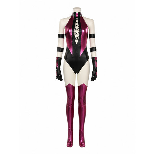 Women's Sexy Cosplay Bodysuit Costume, High Slit, Pink Black Cross Tie on-model view