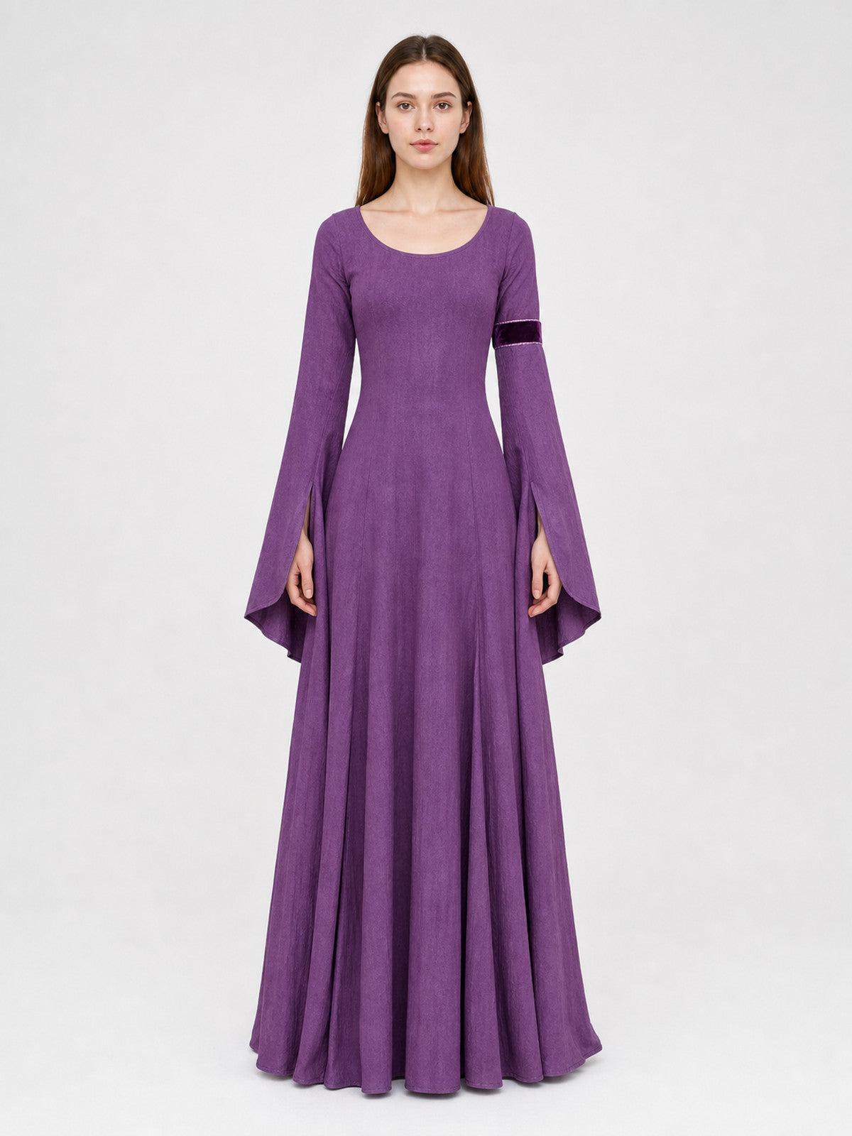 Purple Floor-Length Dress with Long Sleeves front view