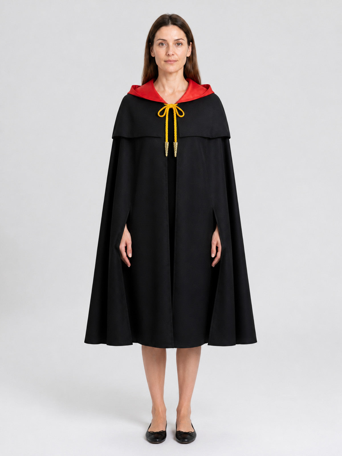 Wide Black and Red Hooded Cosplay Cape on-model view