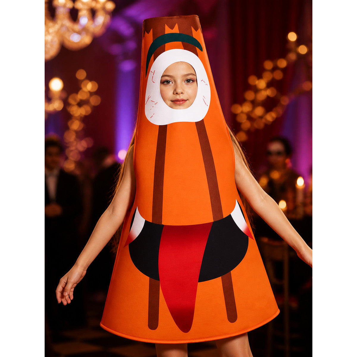 Mona Lisa Cosplay Costume, Hooded Cone-Shaped Jumpsuit with White Face Opening on-model view