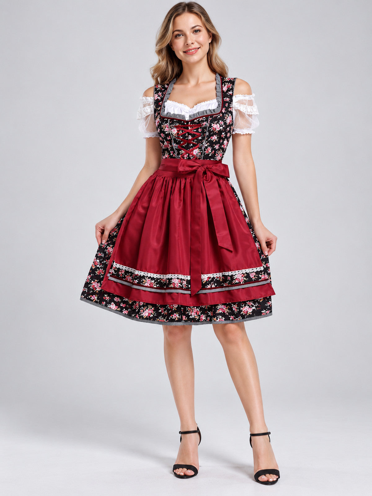 Oktoberfest-Style Dress with Red Apron and Lace