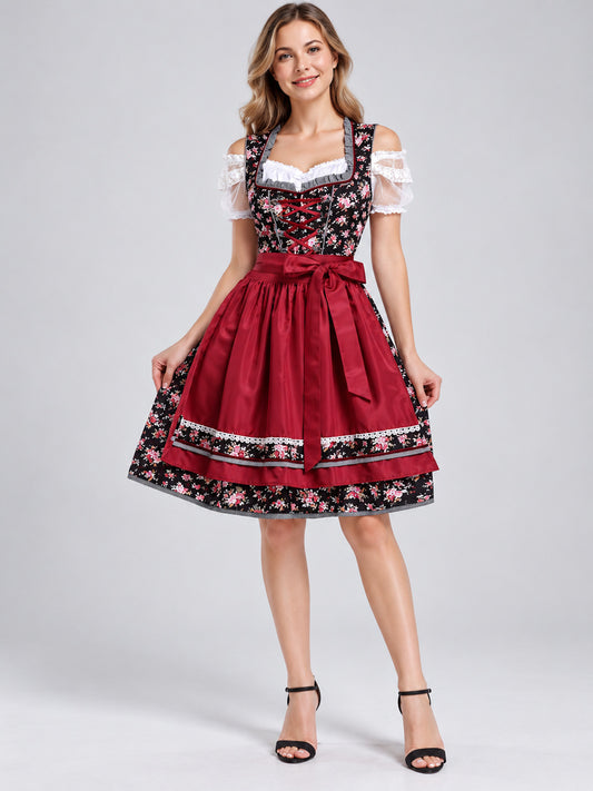 Oktoberfest-Style Dress with Red Apron and Lace