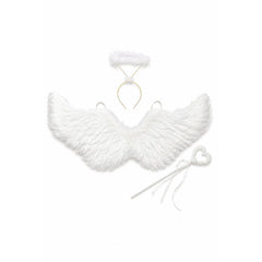 White angel wings with feathers, headband, and wand