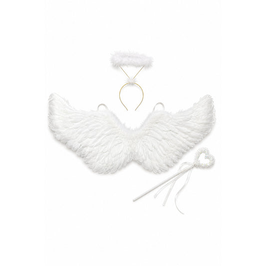 White angel wings with feathers, headband, and wand on-model view
