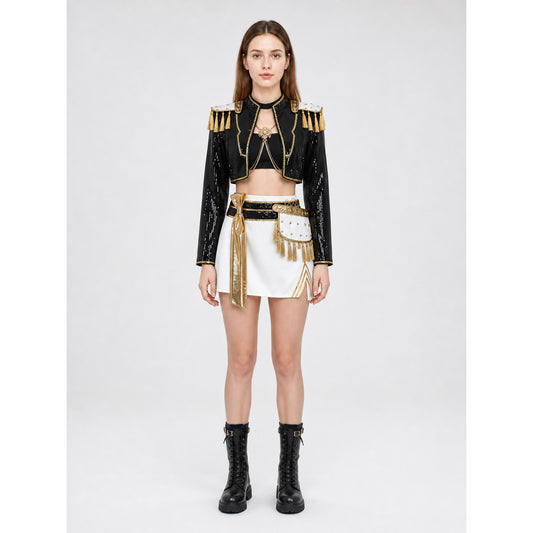 Mila Cosplay Costume, Black and Gold Stage Set