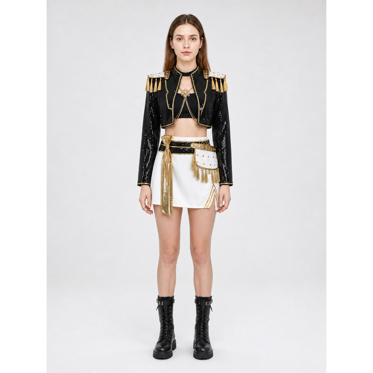 Mira Stage Costume, Black-and-Gold Set on-model view