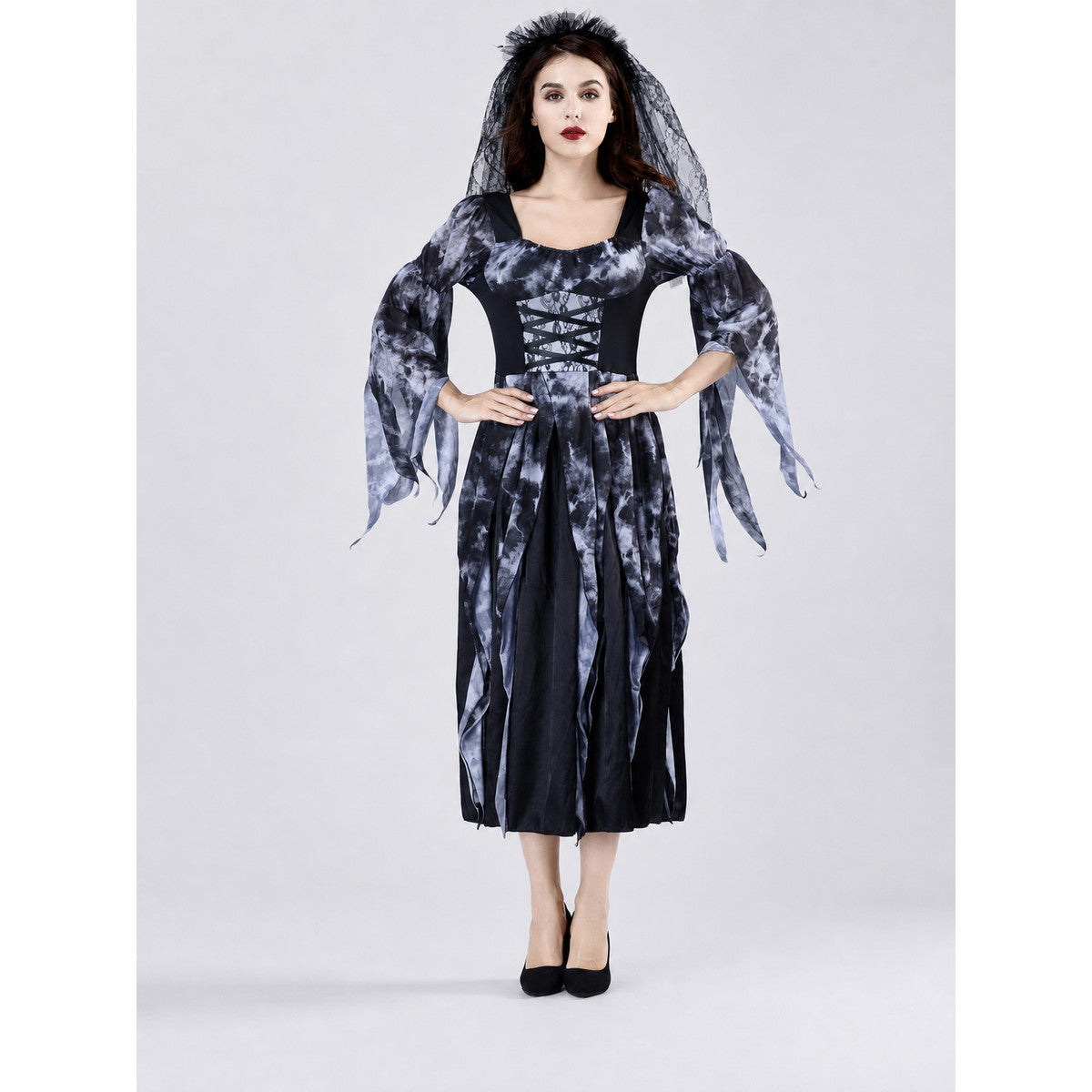 Black and Gray Gothic Dress with Black Veil