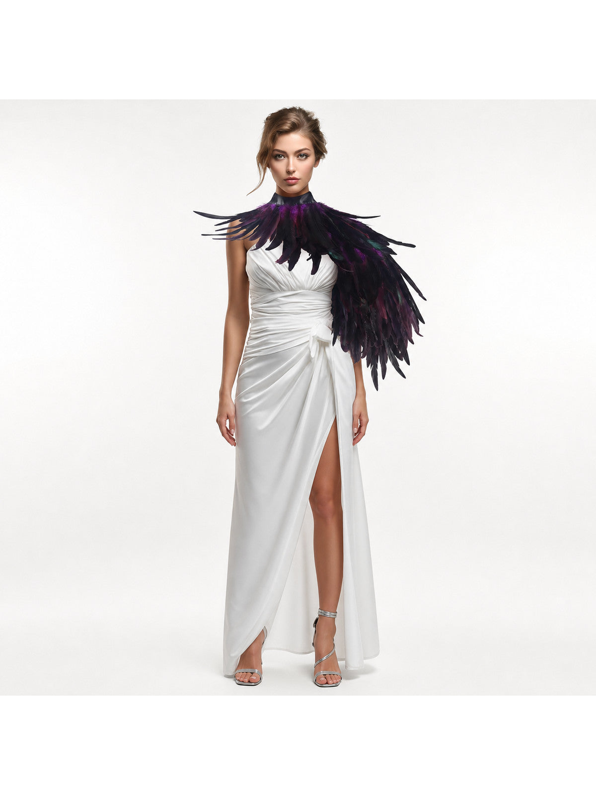 Purple Black Feather Cape Asymmetric One Shoulder Draped Cape Multi-Layer
