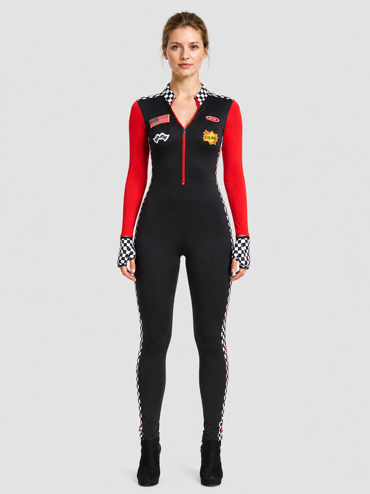 Racing Jumpsuit with Checkerboard Print and Patches on-model view