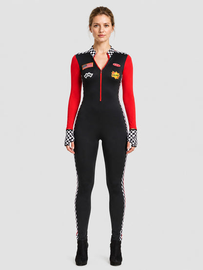 Racing Jumpsuit with Checkerboard Print and Patches on-model view
