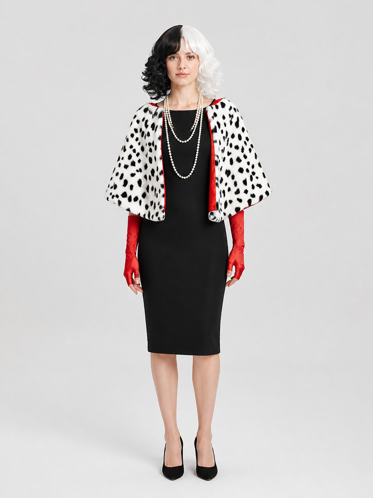 Cruella Cosplay Costume: Dress, Cape, Wig on-model view
