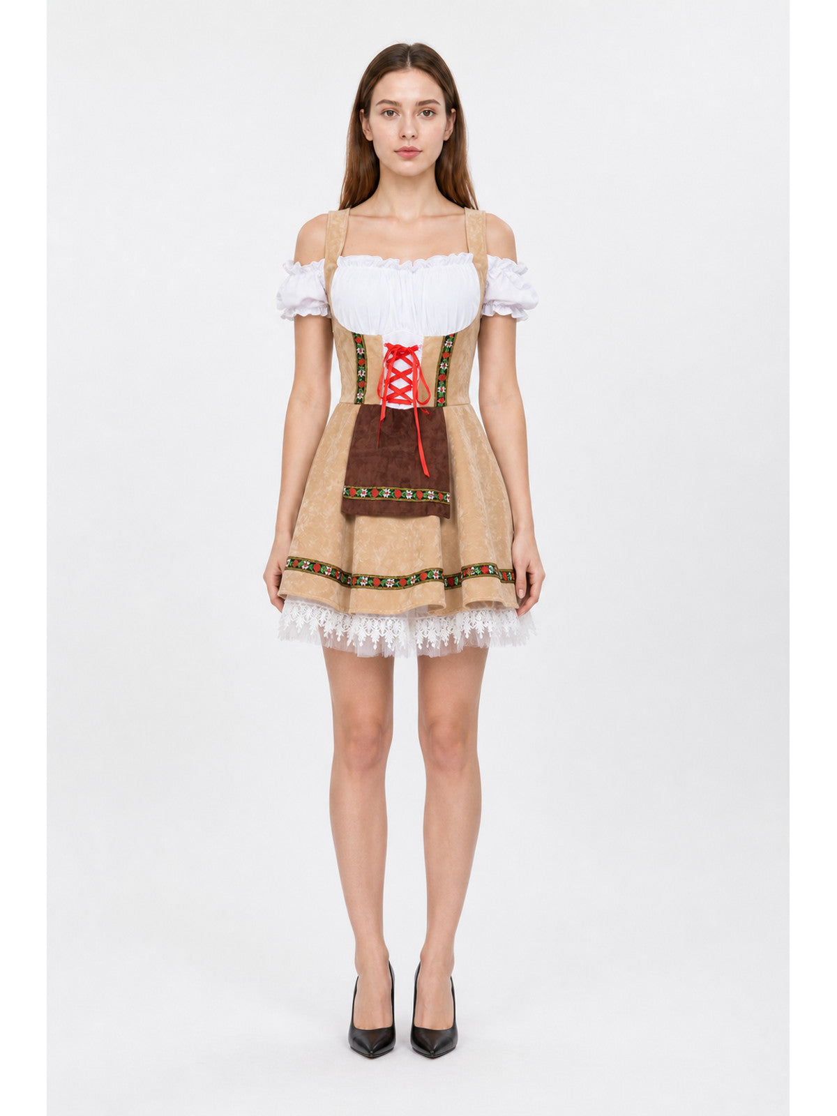 Bavarian Traditional Costume with Red Lacing and Lace